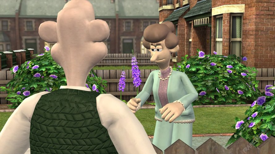 Screenshot from Wallace & Gromit's Grand Adventures: Fright of the Bumblebees featuring Wallace and Miss Flitt