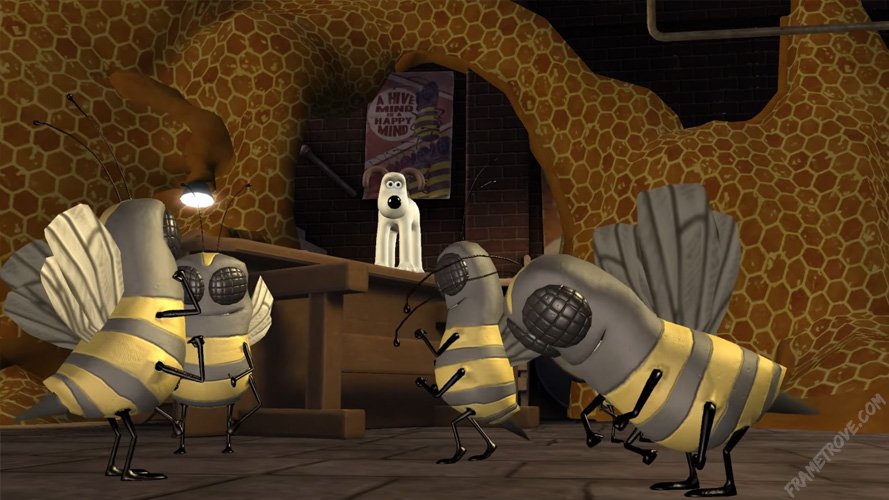 Screenshot from Wallace & Gromit's Grand Adventures: Fright of the Bumblebees featuring the Bumblebees
