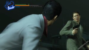 Screenshot from yakuza kiwami chapter 10 shape of love featuring kiryu in a battle