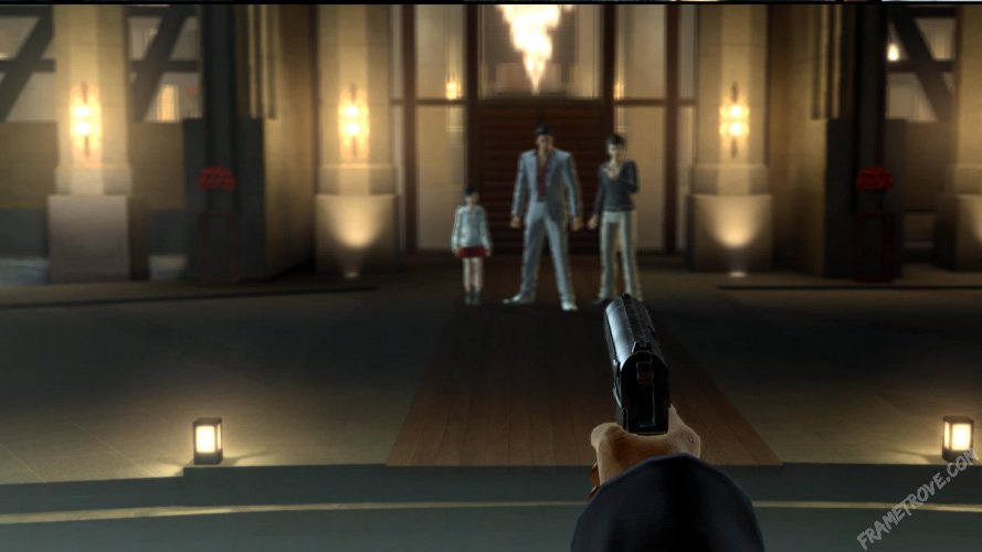 Screenshot from Yakuza Kiwami Finale The End of Battle Shows a Gun Pointed at Haruka Kiryu and Yumi