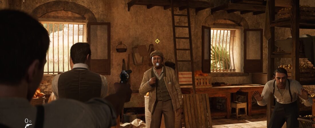 mafia the old country pointing a gun at the farmer
