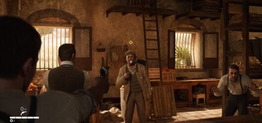 mafia the old country pointing a gun at the farmer